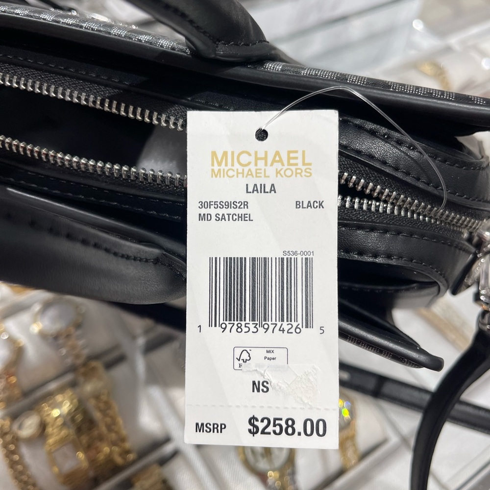 MICHAEL KORS Laila Medium Metallic Signature Logo Satchel
Black 
NWT 
Live Style - Picture 15 of 16
